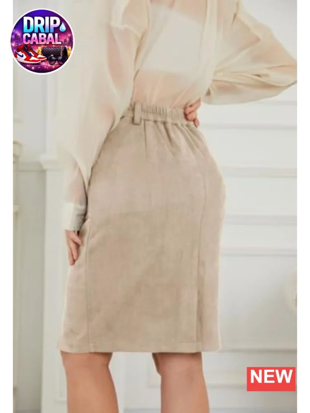 Faux Suede High Waisted Knee Length Bodycon Skirt with Pockets and Back Slit